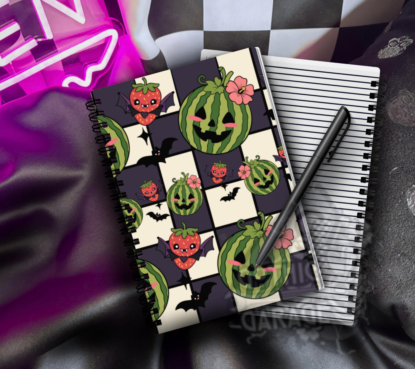 Summerween Watermelon Jack O Lantern Notebook, Cute Goth Bat Stationery