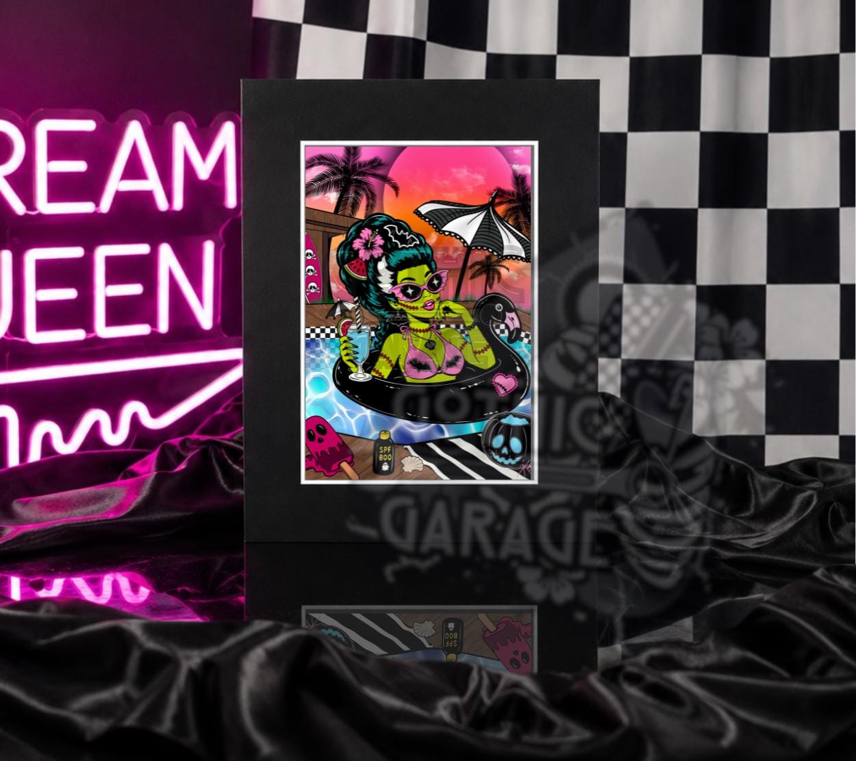 Summerween Queen Art Print - Beach Goth Wall Decor, Spooky Summer Pinup Art