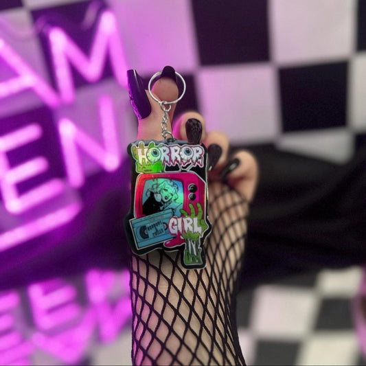 Horror Girl Keychain – Holographic Resin Acrylic Key Ring for Spooky Bags & Horror Fans