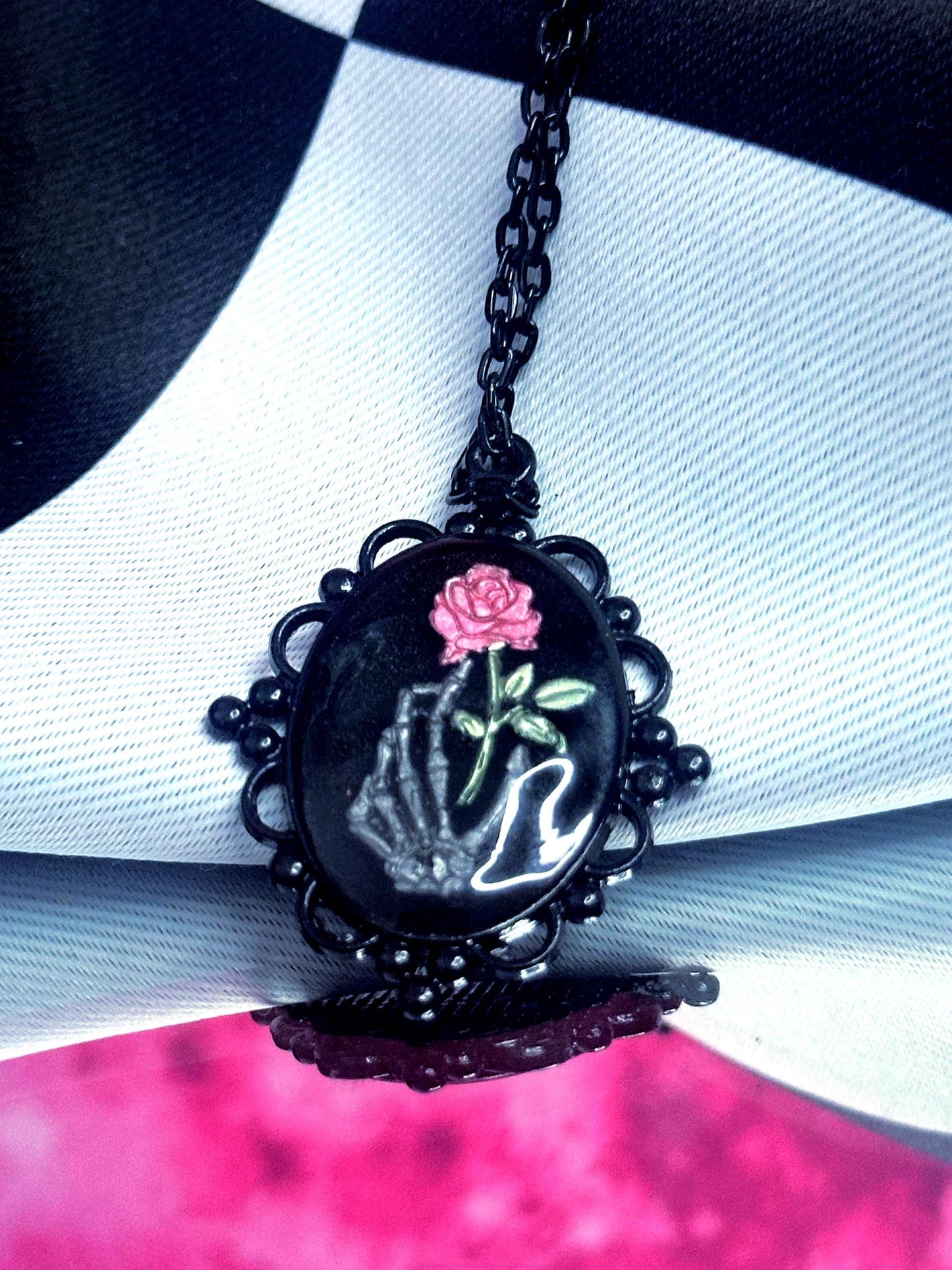 Skeleton Hand Rose Necklace — Gothic Relic Pendant, Hand Painted Wearable Art, One of a Kind Dark Romance Jewelry