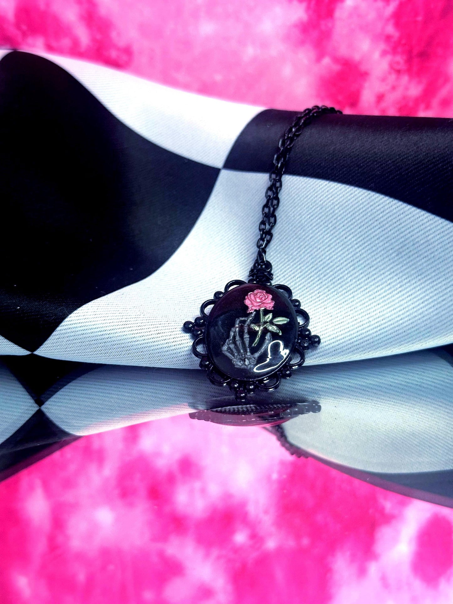 Skeleton Hand Rose Necklace — Gothic Relic Pendant, Hand Painted Wearable Art, One of a Kind Dark Romance Jewelry