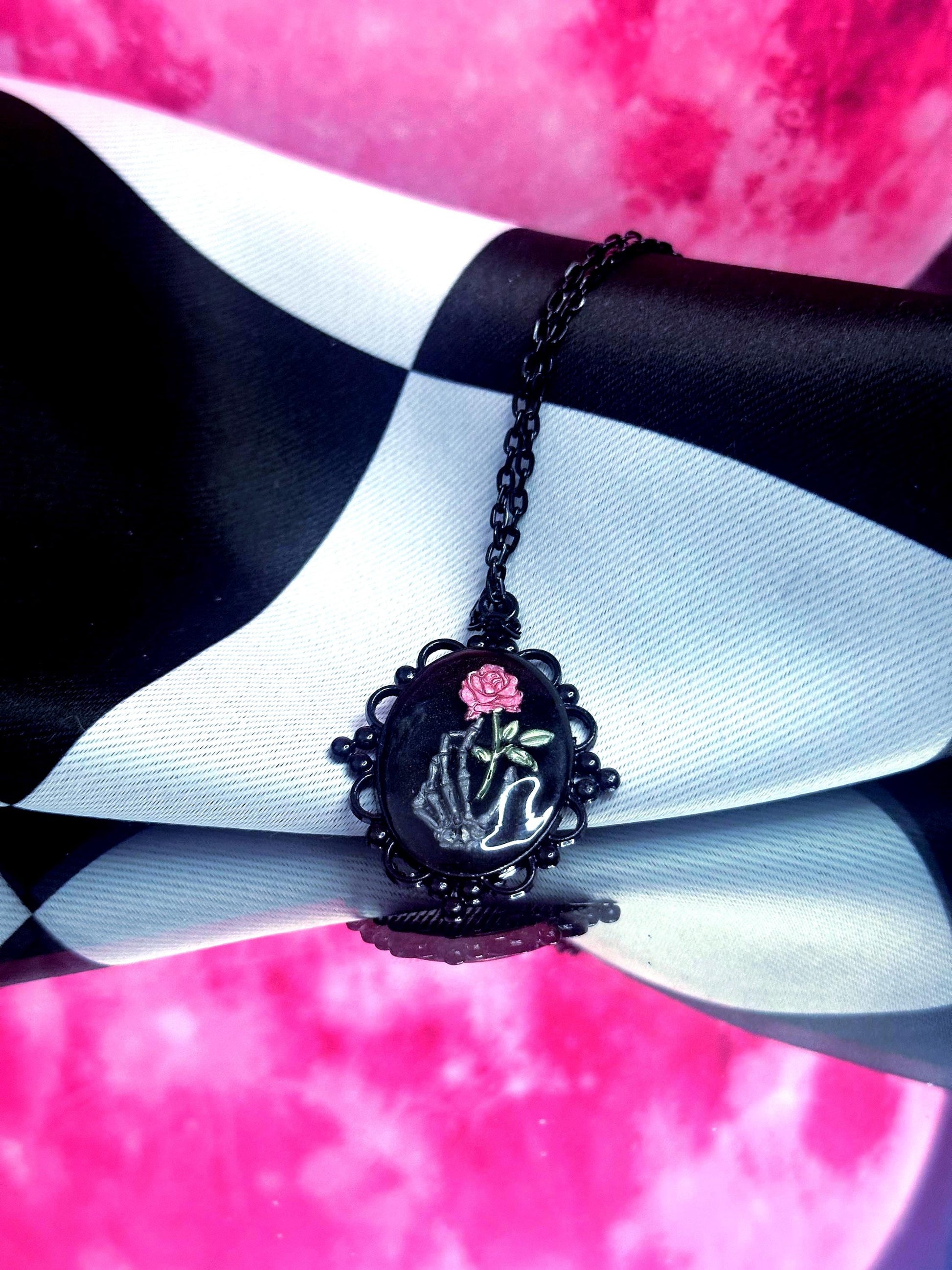 Skeleton Hand Rose Necklace — Gothic Relic Pendant, Hand Painted Wearable Art, One of a Kind Dark Romance Jewelry