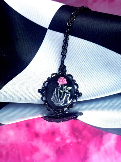 Skeleton Hand Rose Necklace — Gothic Relic Pendant, Hand Painted Wearable Art, One of a Kind Dark Romance Jewelry