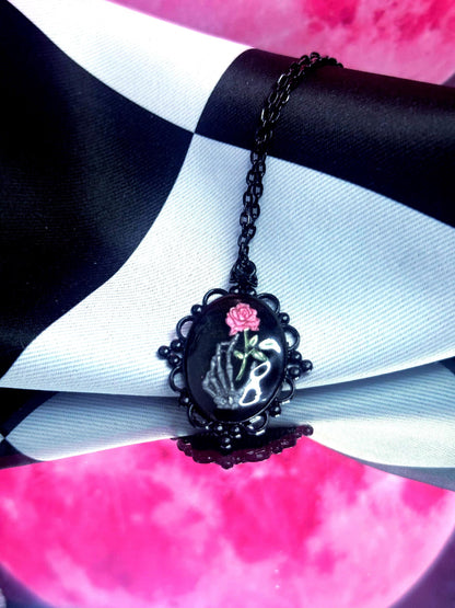 Skeleton Hand Rose Necklace — Gothic Relic Pendant, Hand Painted Wearable Art, One of a Kind Dark Romance Jewelry