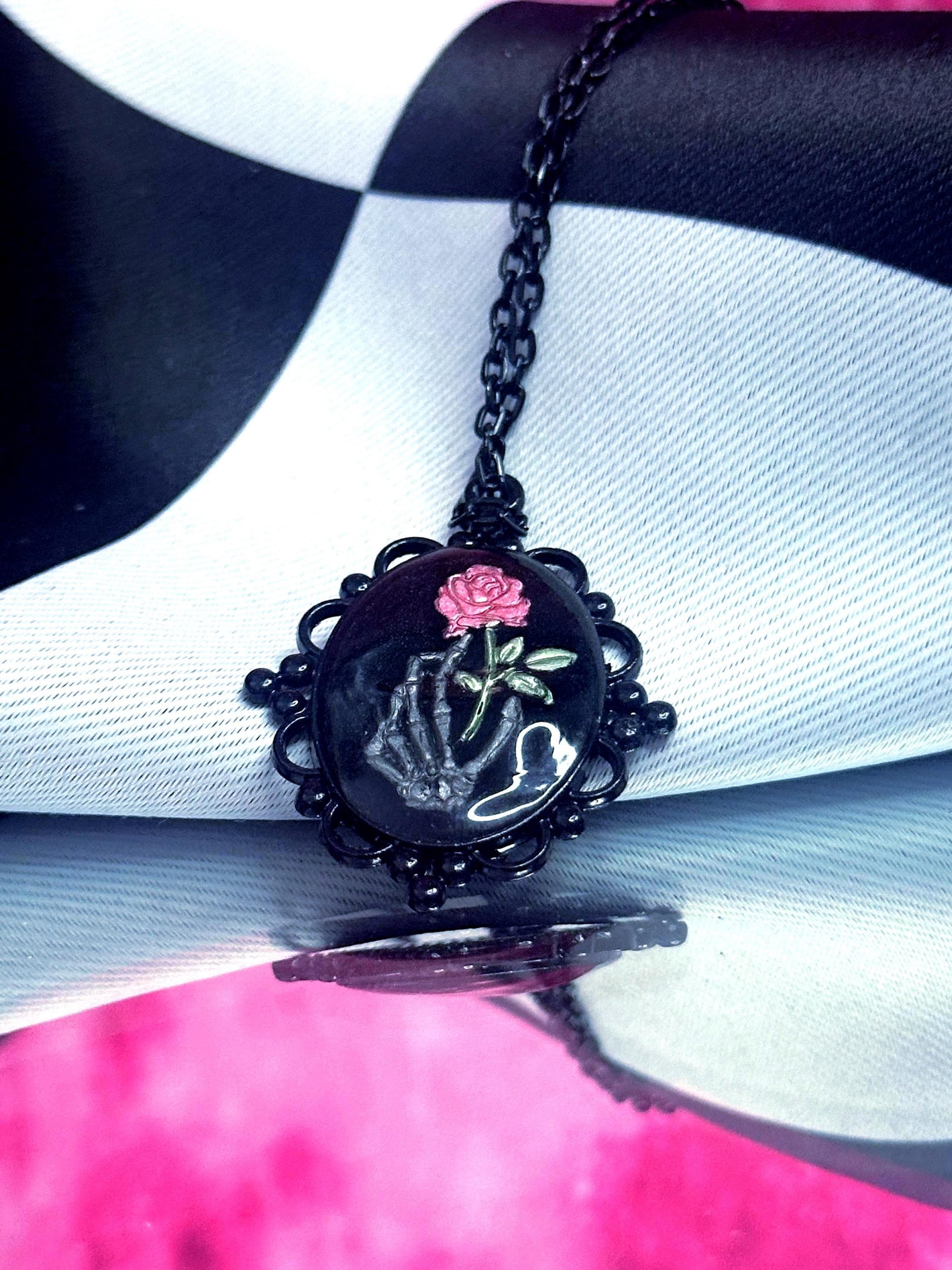 Skeleton Hand Rose Necklace — Gothic Relic Pendant, Hand Painted Wearable Art, One of a Kind Dark Romance Jewelry