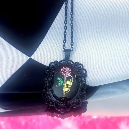 Skull Rose Necklace — Gothic Relic Pendant, Gold Leaf Wearable Art, One of a Kind Dark Romance Jewelry
