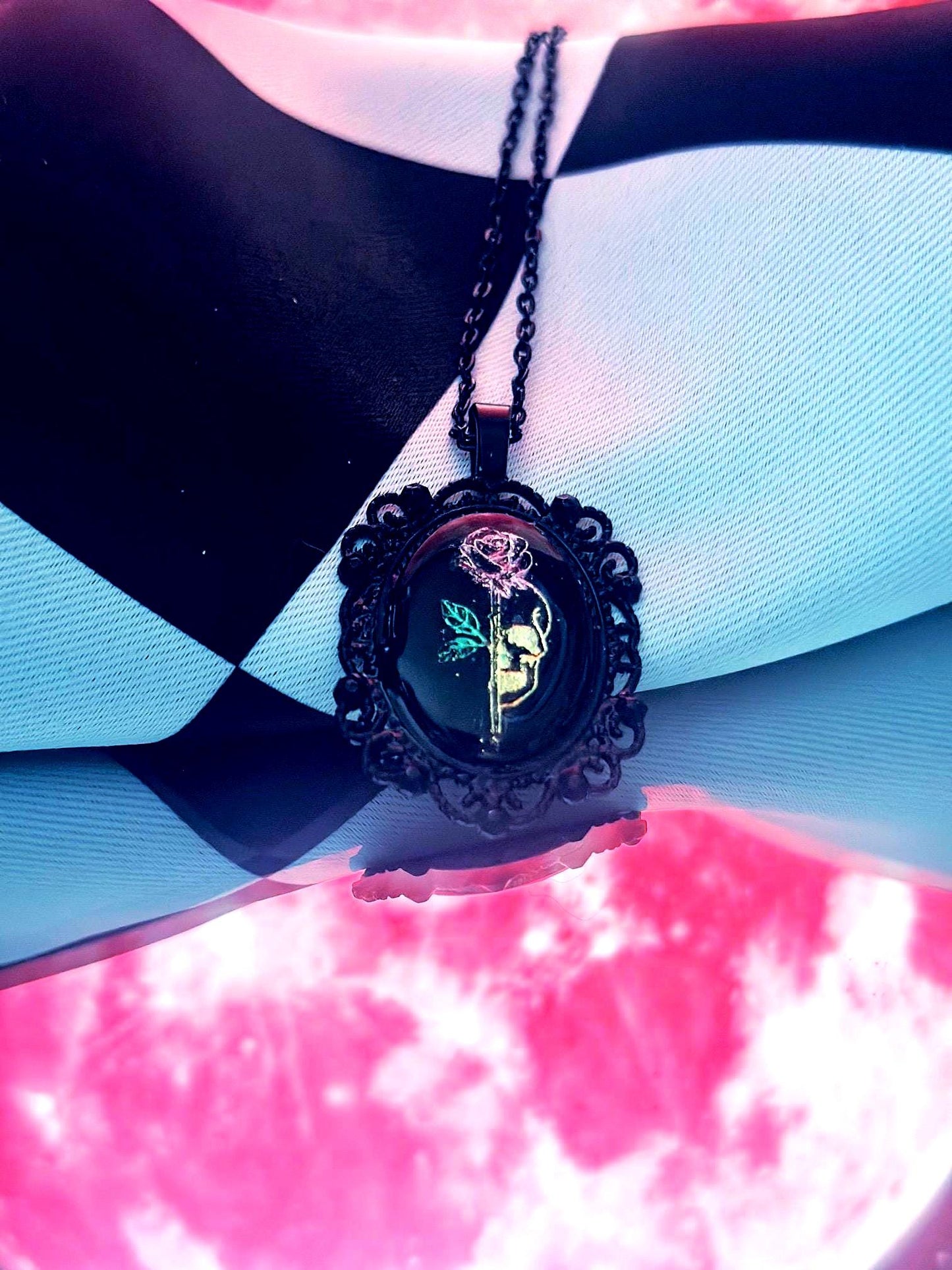 Skull Rose Necklace — Gothic Relic Pendant, Gold Leaf Wearable Art, One of a Kind Dark Romance Jewelry