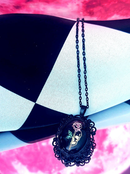 Skull Rose Necklace — Gothic Relic Pendant, Gold Leaf Wearable Art, One of a Kind Dark Romance Jewelry