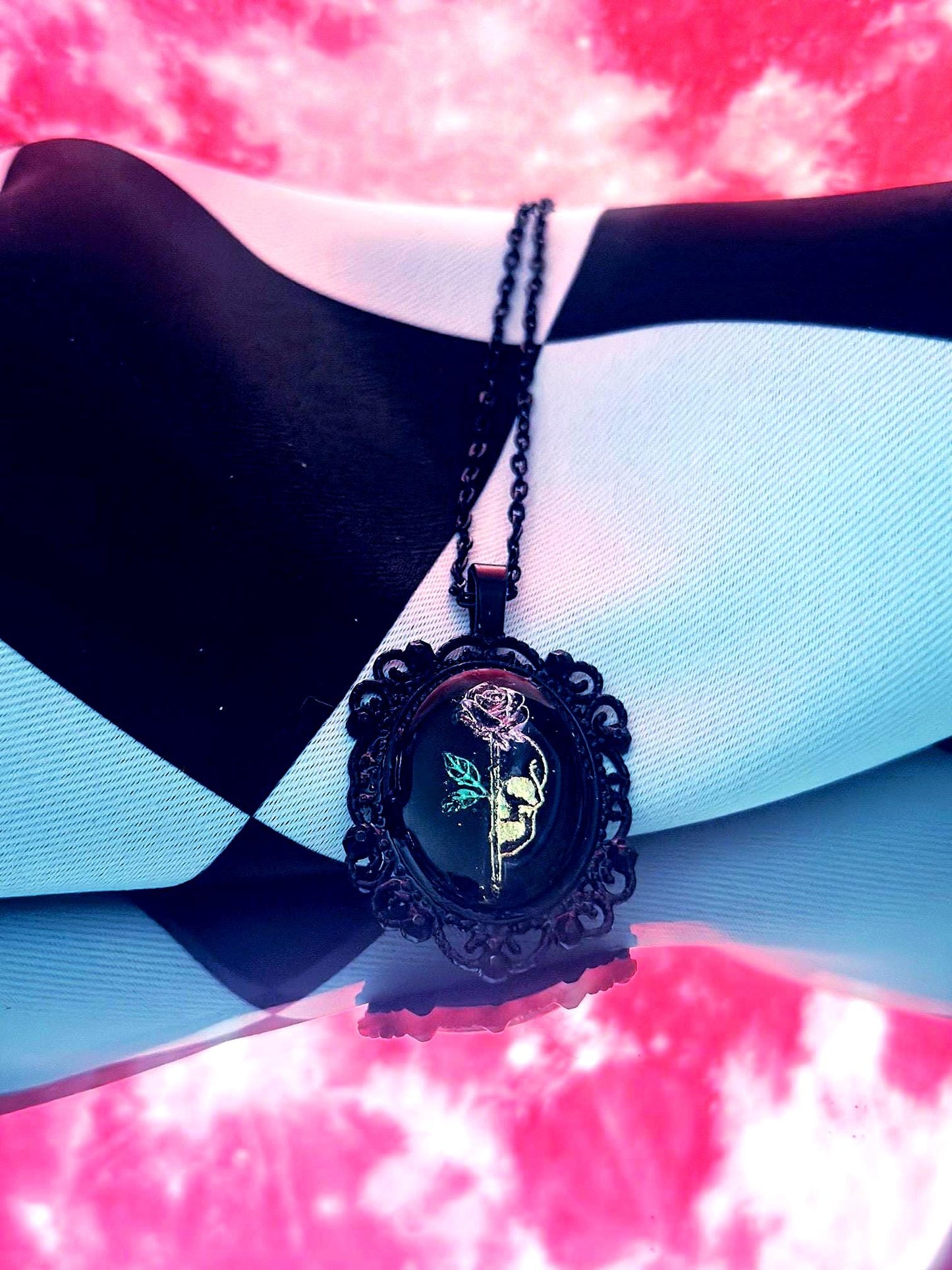 Skull Rose Necklace — Gothic Relic Pendant, Gold Leaf Wearable Art, One of a Kind Dark Romance Jewelry