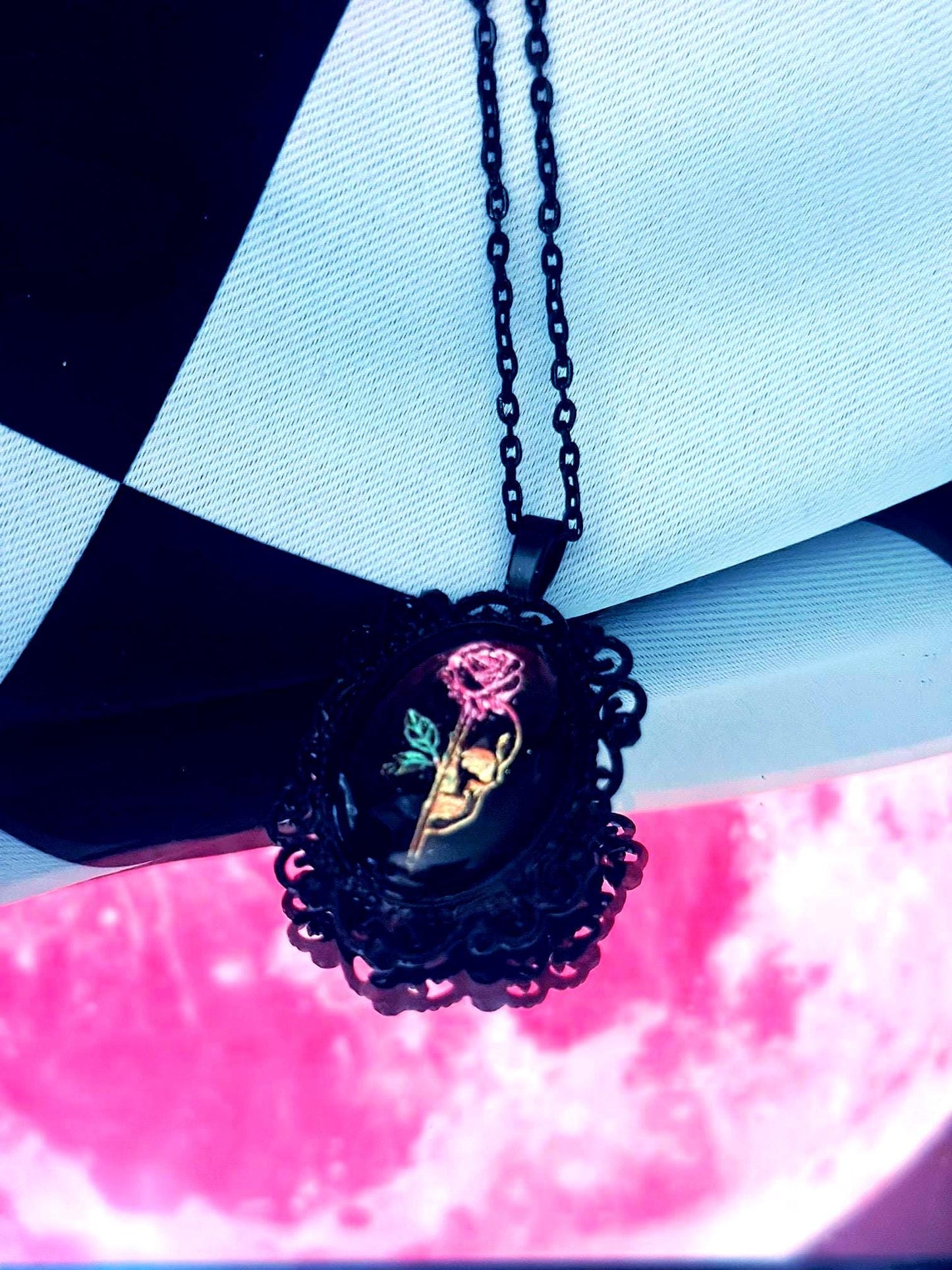 Skull Rose Necklace — Gothic Relic Pendant, Gold Leaf Wearable Art, One of a Kind Dark Romance Jewelry