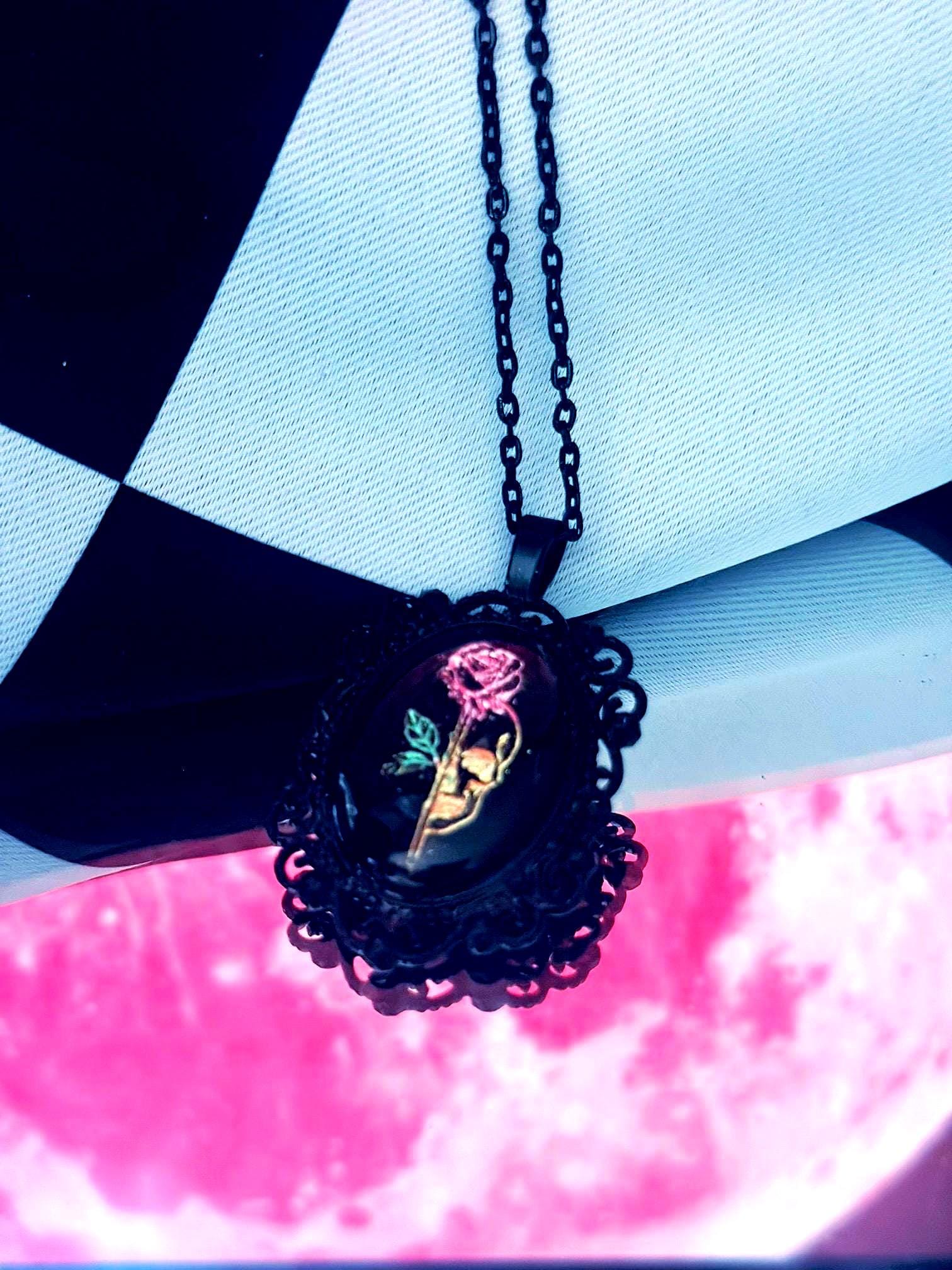 Skull Rose Necklace — Gothic Relic Pendant, Gold Leaf Wearable Art, One of a Kind Dark Romance Jewelry