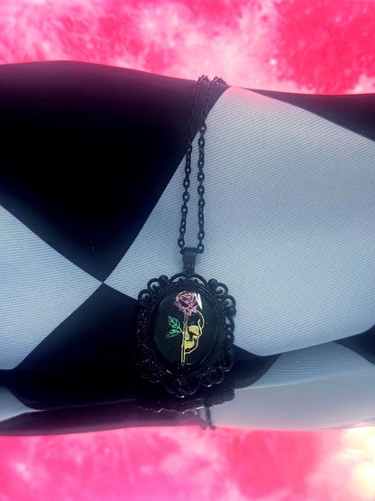 Skull Rose Necklace — Gothic Relic Pendant, Gold Leaf Wearable Art, One of a Kind Dark Romance Jewelry