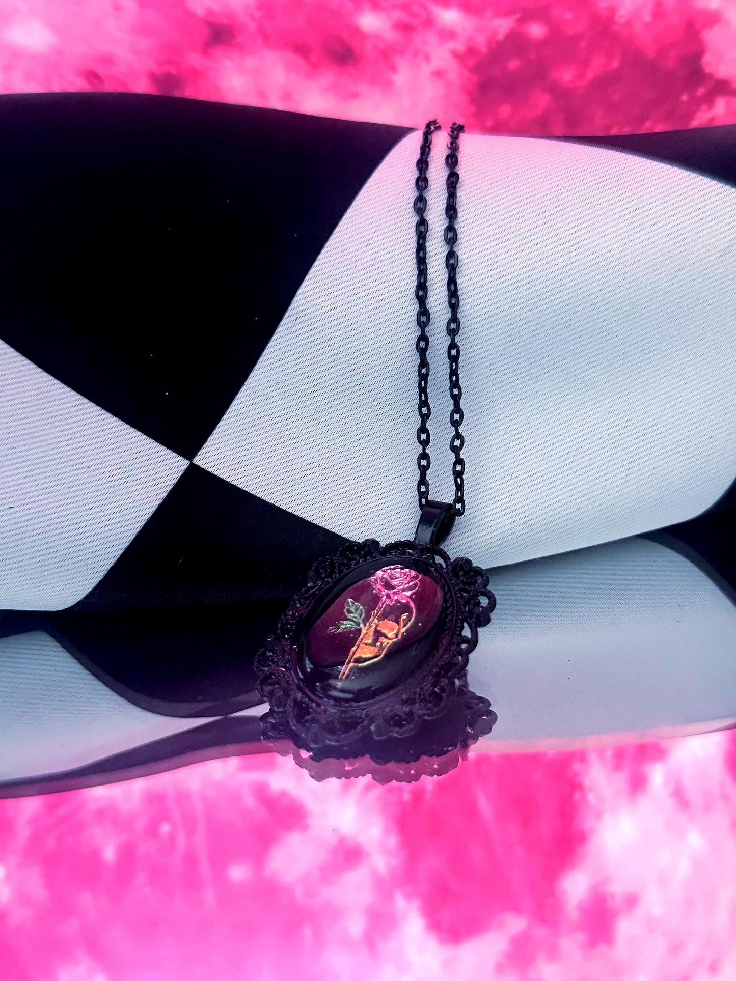 Skull Rose Necklace — Gothic Relic Pendant, Gold Leaf Wearable Art, One of a Kind Dark Romance Jewelry