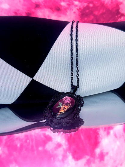 Skull Rose Necklace — Gothic Relic Pendant, Gold Leaf Wearable Art, One of a Kind Dark Romance Jewelry