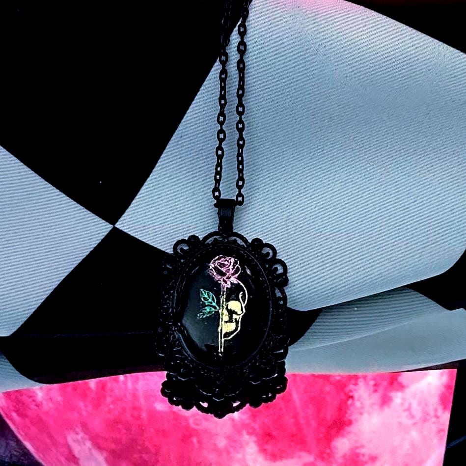 Skull Rose Necklace — Gothic Relic Pendant, Gold Leaf Wearable Art, One of a Kind Dark Romance Jewelry