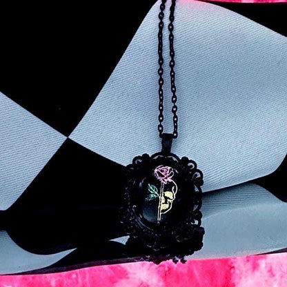 Skull Rose Necklace — Gothic Relic Pendant, Gold Leaf Wearable Art, One of a Kind Dark Romance Jewelry