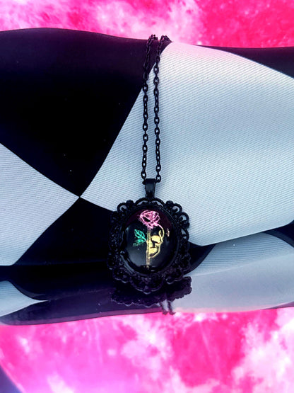 Skull Rose Necklace — Gothic Relic Pendant, Gold Leaf Wearable Art, One of a Kind Dark Romance Jewelry