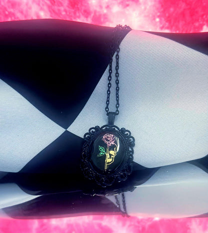 Skull Rose Necklace — Gothic Relic Pendant, Gold Leaf Wearable Art, One of a Kind Dark Romance Jewelry