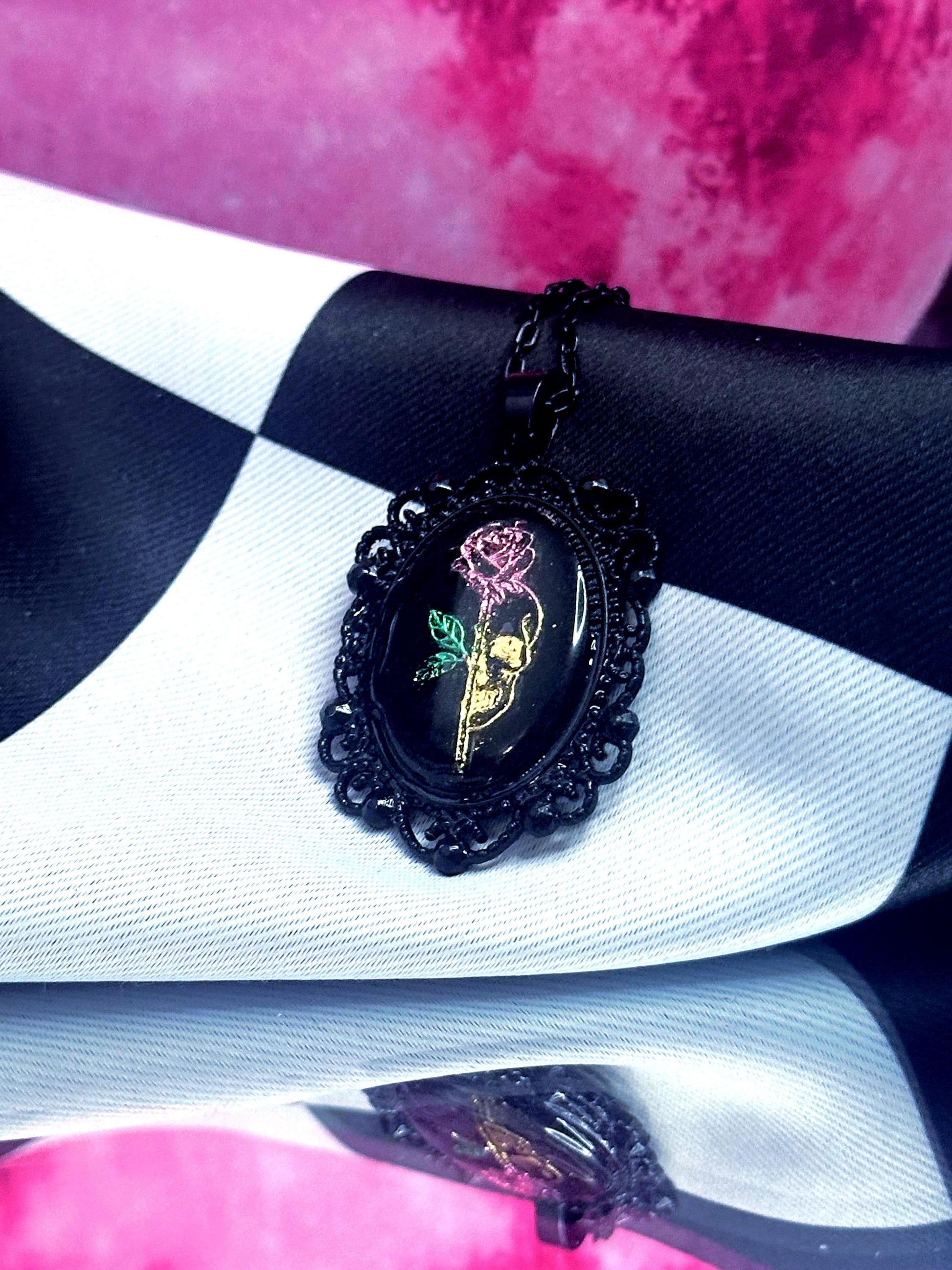 Skull Rose Necklace — Gothic Relic Pendant, Gold Leaf Wearable Art, One of a Kind Dark Romance Jewelry