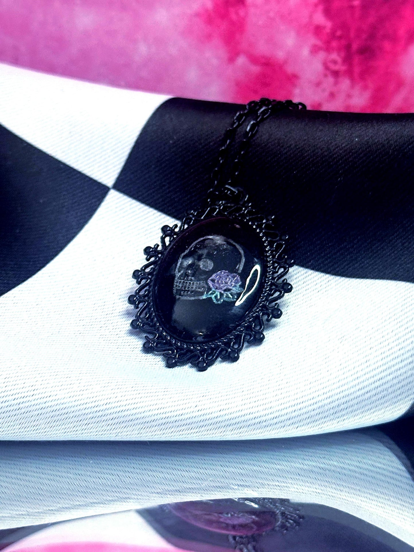 Skull Rose Necklace — Gothic Relic Pendant, Hand Painted Wearable Art, One of a Kind Dark Romance Jewelry