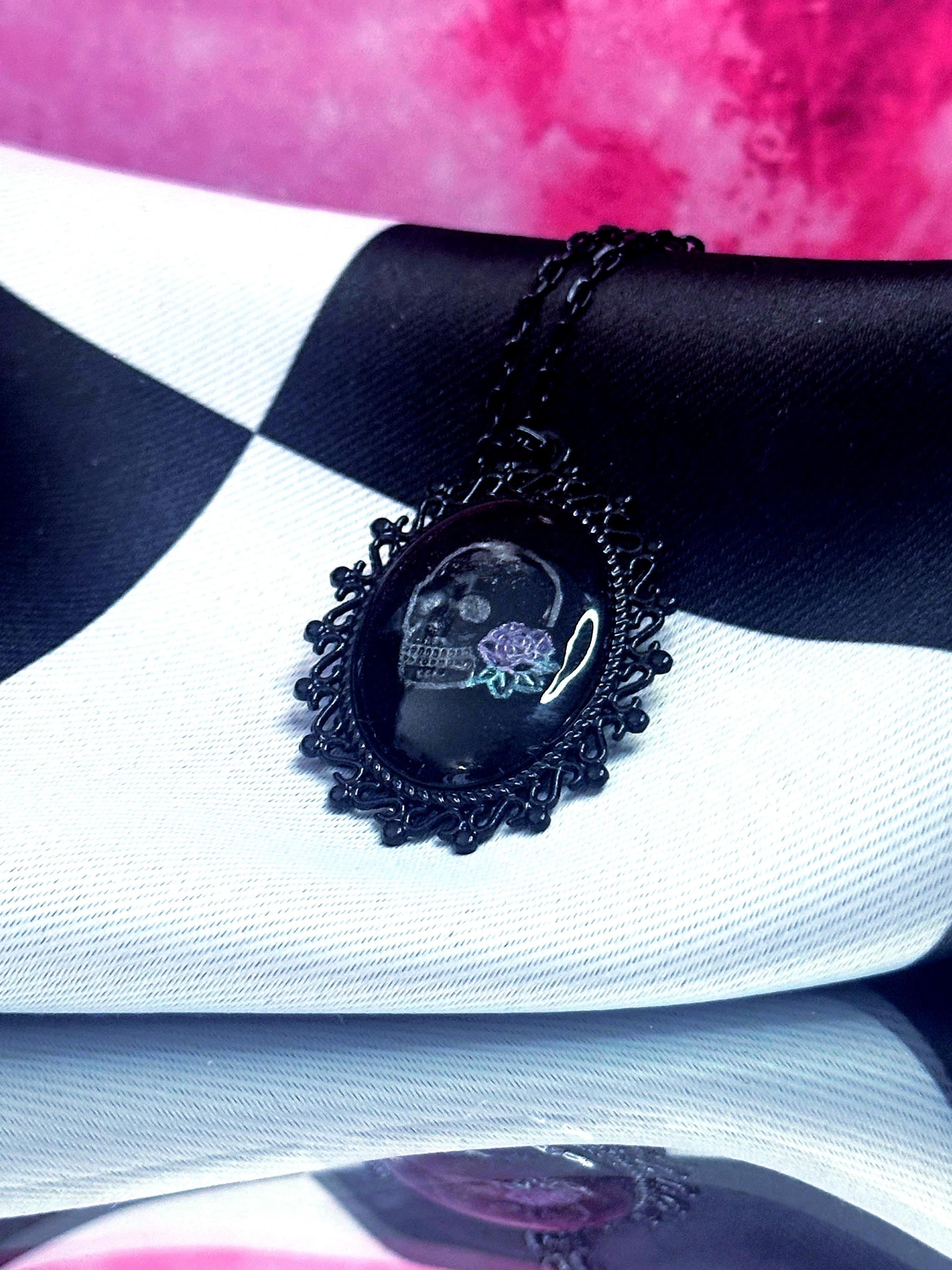 Skull Rose Necklace — Gothic Relic Pendant, Hand Painted Wearable Art, One of a Kind Dark Romance Jewelry