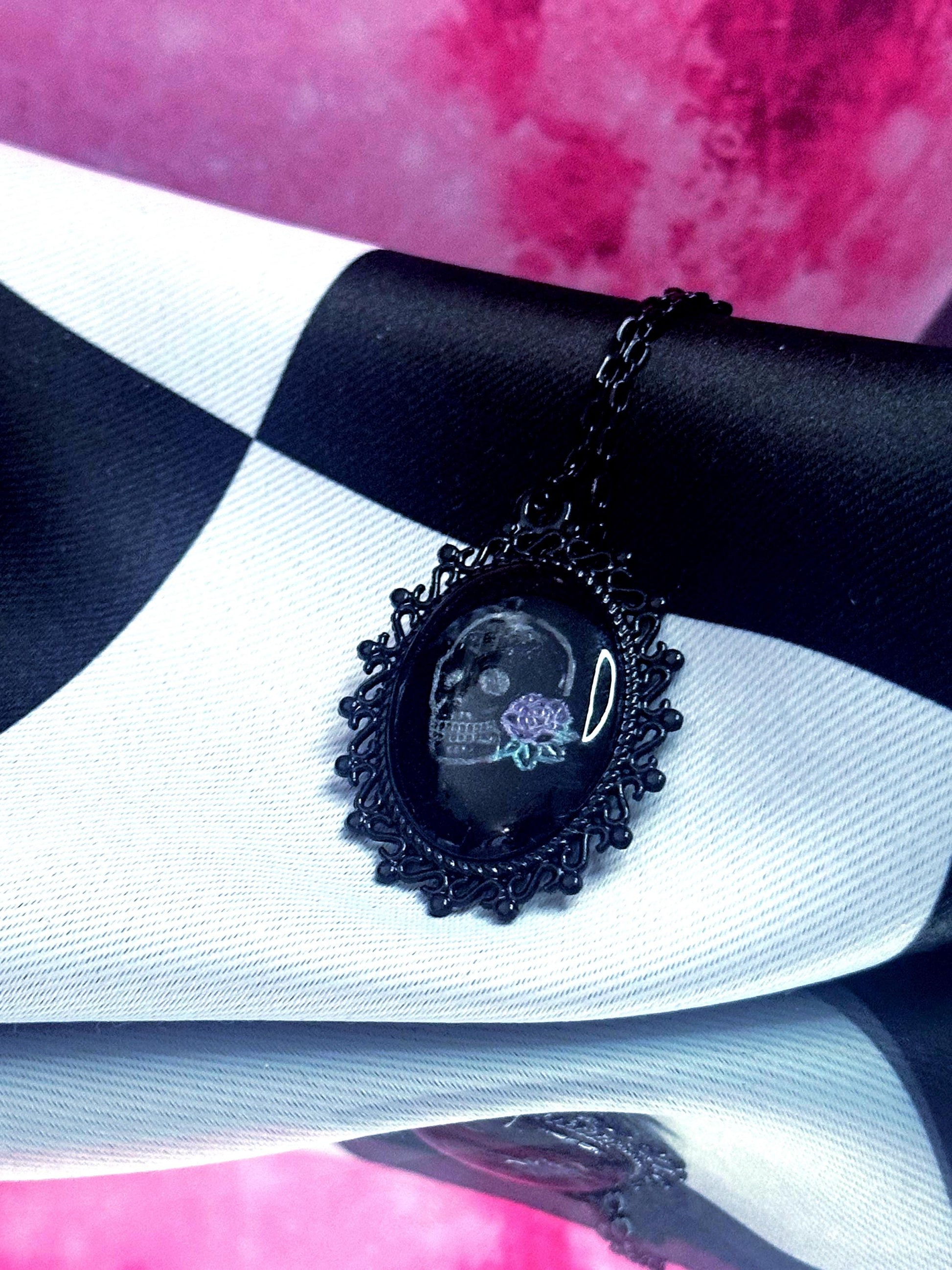 Skull Rose Necklace — Gothic Relic Pendant, Hand Painted Wearable Art, One of a Kind Dark Romance Jewelry