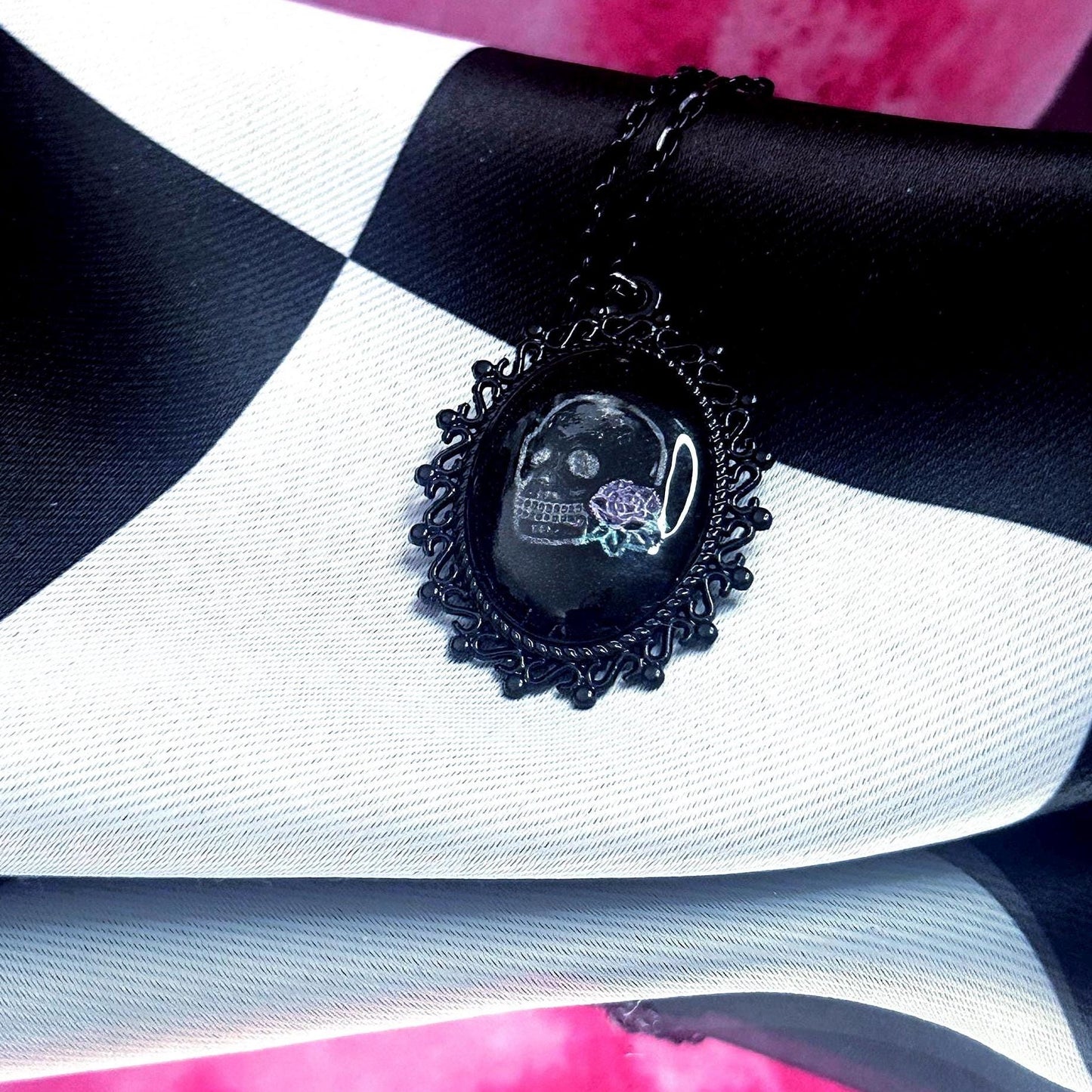 Skull Rose Necklace — Gothic Relic Pendant, Hand Painted Wearable Art, One of a Kind Dark Romance Jewelry