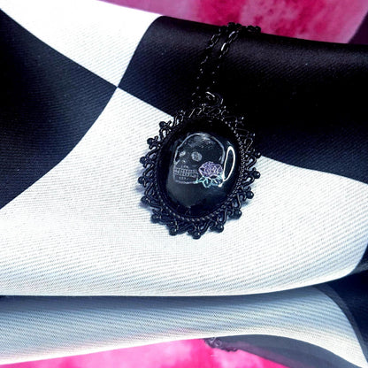 Skull Rose Necklace — Gothic Relic Pendant, Hand Painted Wearable Art, One of a Kind Dark Romance Jewelry