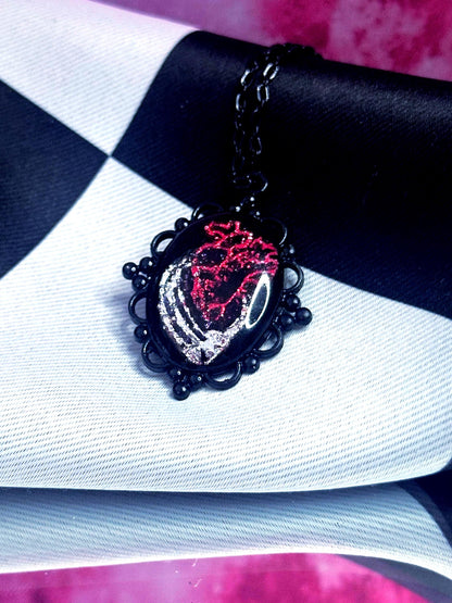 Anatomical Heart Necklace — Gothic Relic Pendant, Red and Silver Gold Leaf Wearable Art, One of a Kind Dark Romance Jewelry