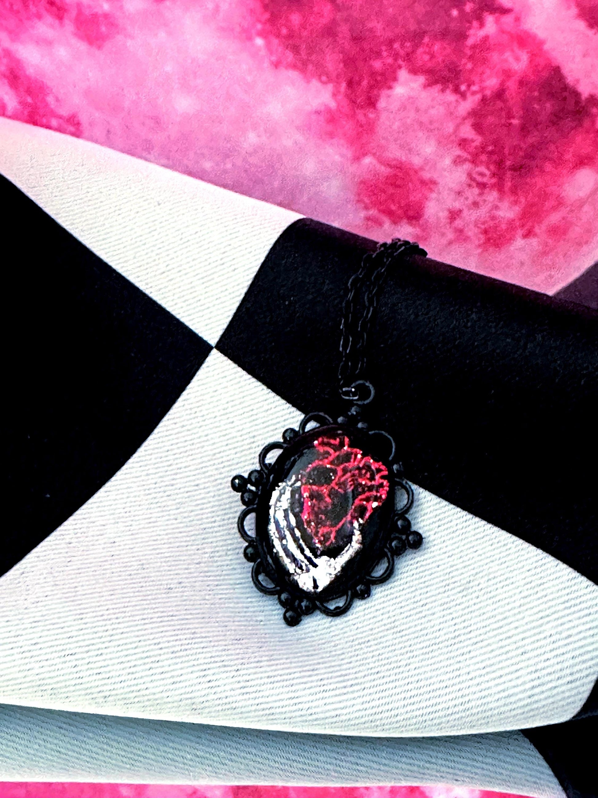 Anatomical Heart Necklace — Gothic Relic Pendant, Red and Silver Gold Leaf Wearable Art, One of a Kind Dark Romance Jewelry