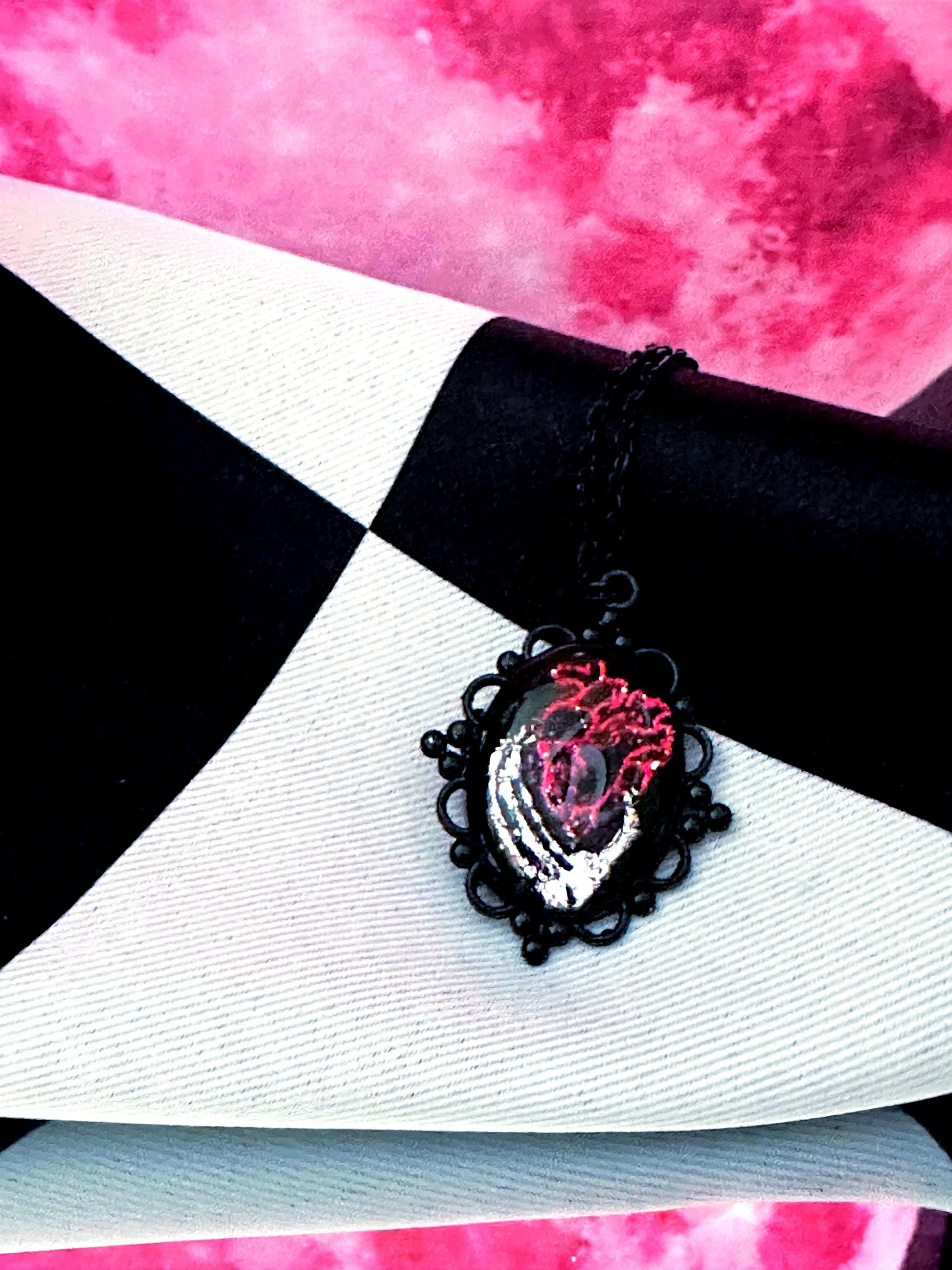 Anatomical Heart Necklace — Gothic Relic Pendant, Red and Silver Gold Leaf Wearable Art, One of a Kind Dark Romance Jewelry