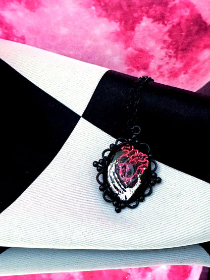 Anatomical Heart Necklace — Gothic Relic Pendant, Red and Silver Gold Leaf Wearable Art, One of a Kind Dark Romance Jewelry