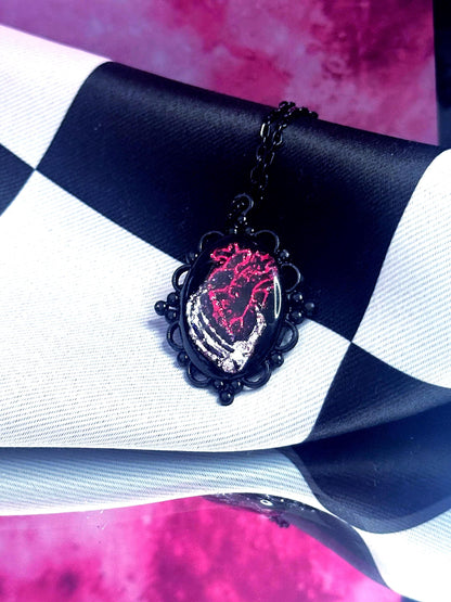 Anatomical Heart Necklace — Gothic Relic Pendant, Red and Silver Gold Leaf Wearable Art, One of a Kind Dark Romance Jewelry