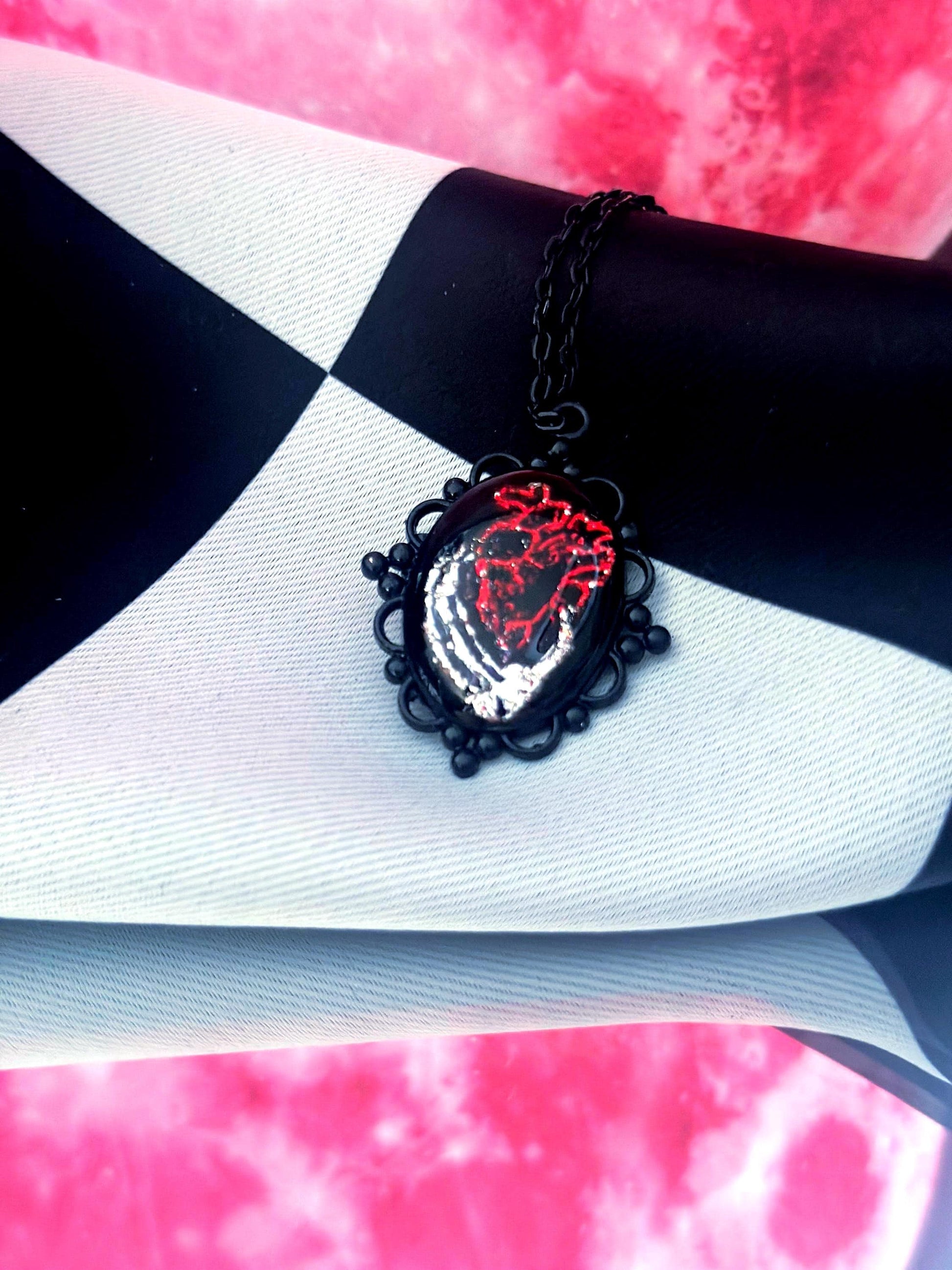 Anatomical Heart Necklace — Gothic Relic Pendant, Red and Silver Gold Leaf Wearable Art, One of a Kind Dark Romance Jewelry