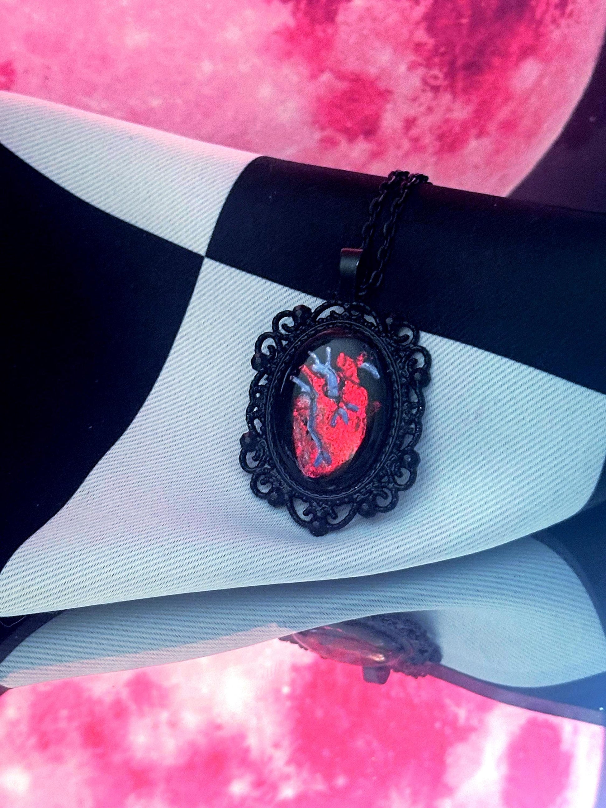 Anatomical Heart Necklace — Gothic Relic Pendant, Red Gold Leaf and Hand Painted Wearable Art, One of a Kind Dark Romance Jewelry