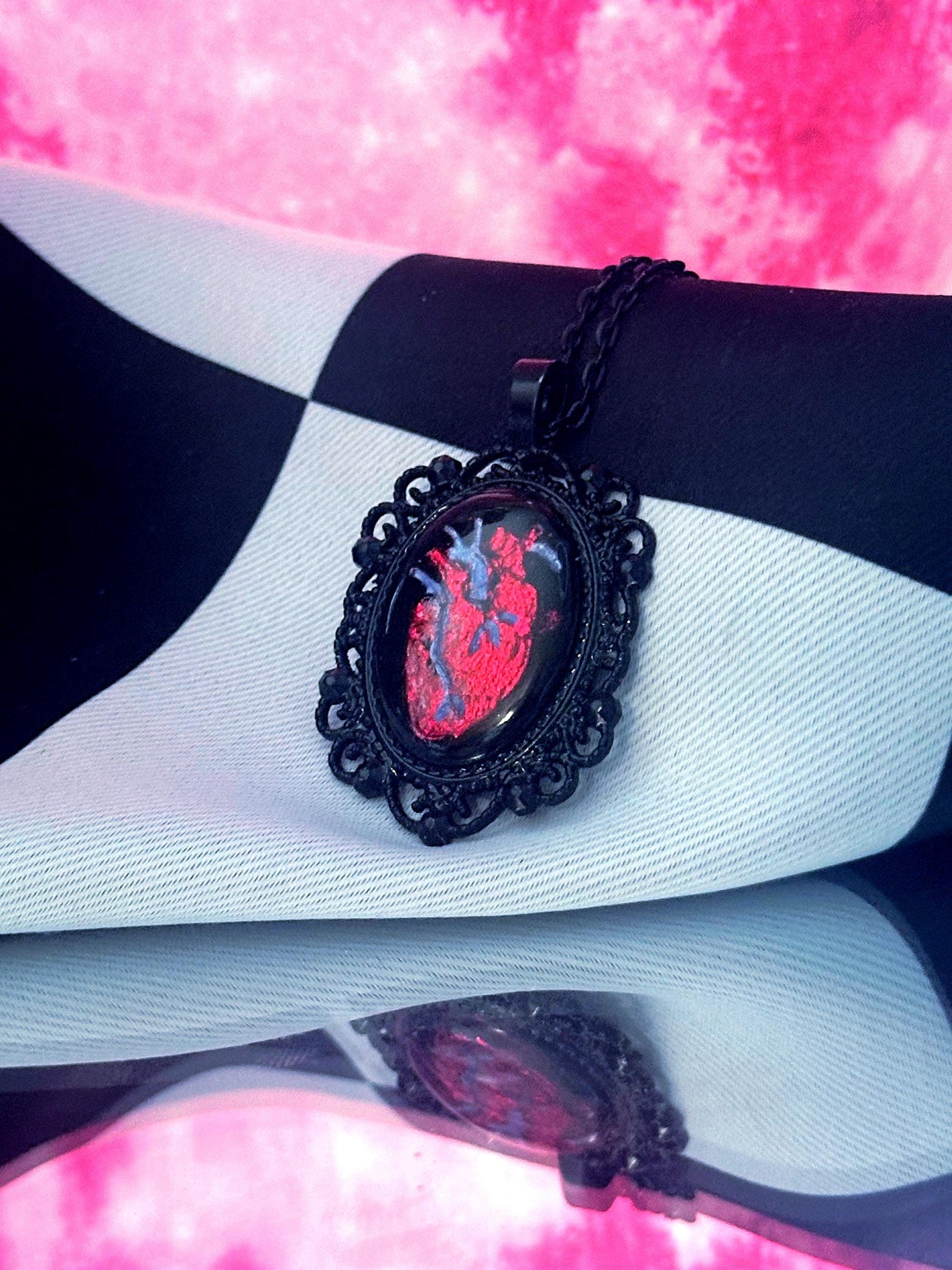 Anatomical Heart Necklace — Gothic Relic Pendant, Red Gold Leaf and Hand Painted Wearable Art, One of a Kind Dark Romance Jewelry