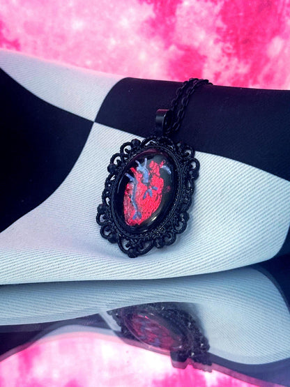 Anatomical Heart Necklace — Gothic Relic Pendant, Red Gold Leaf and Hand Painted Wearable Art, One of a Kind Dark Romance Jewelry