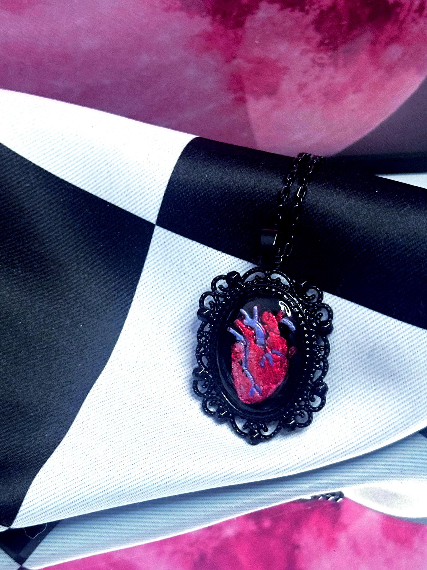 Anatomical Heart Necklace — Gothic Relic Pendant, Red Gold Leaf and Hand Painted Wearable Art, One of a Kind Dark Romance Jewelry