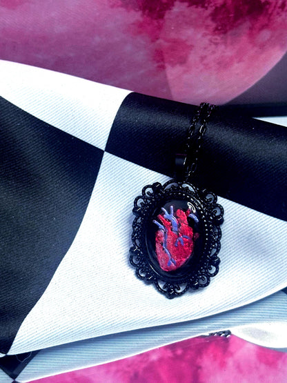 Anatomical Heart Necklace — Gothic Relic Pendant, Red Gold Leaf and Hand Painted Wearable Art, One of a Kind Dark Romance Jewelry