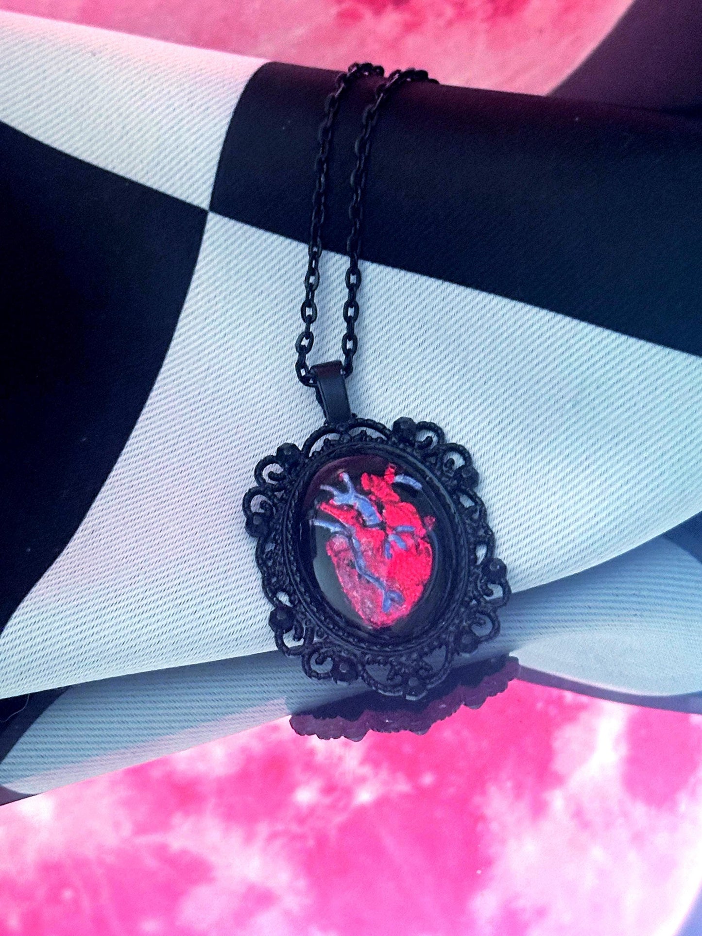 Anatomical Heart Necklace — Gothic Relic Pendant, Red Gold Leaf and Hand Painted Wearable Art, One of a Kind Dark Romance Jewelry