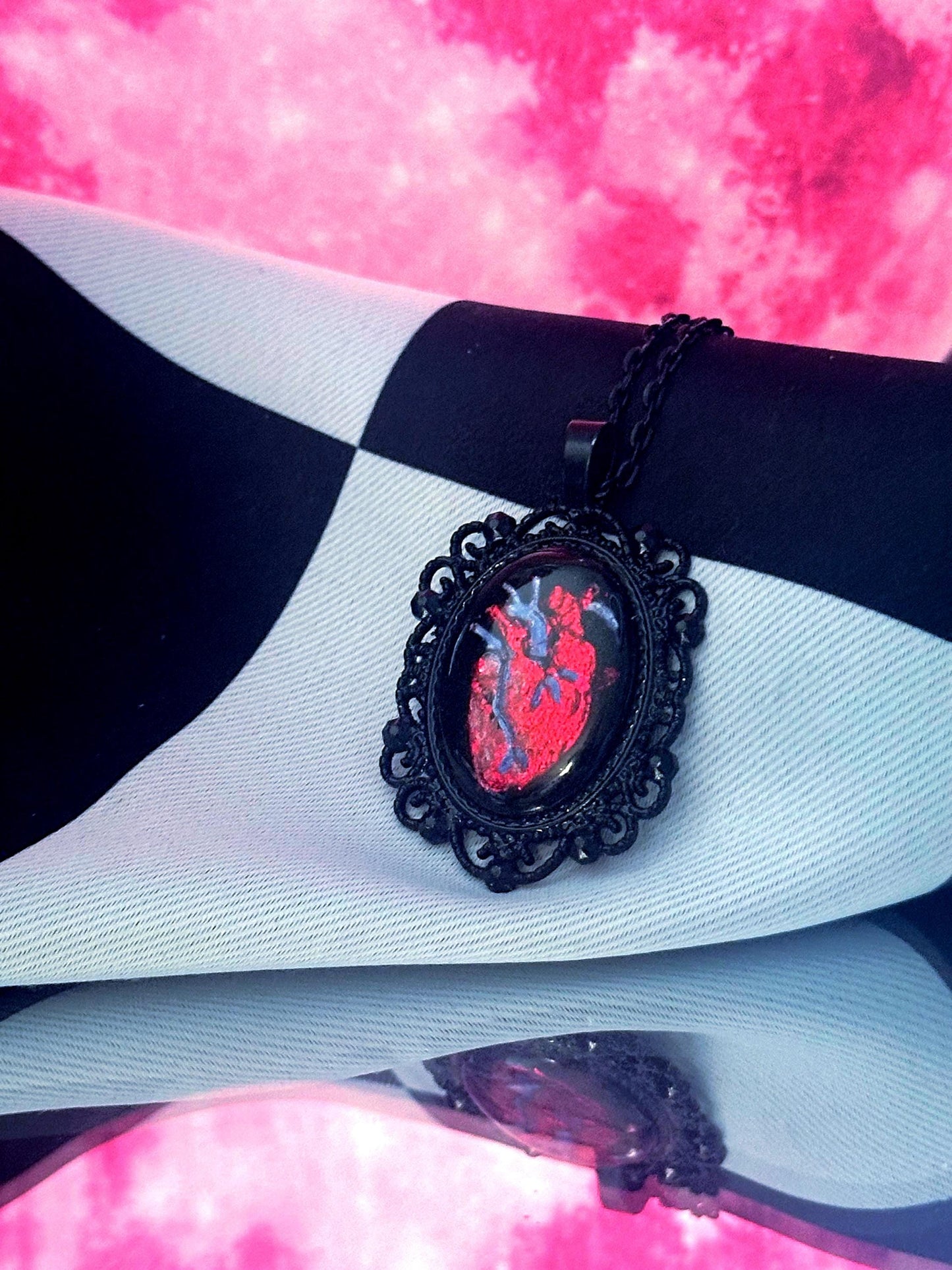 Anatomical Heart Necklace — Gothic Relic Pendant, Red Gold Leaf and Hand Painted Wearable Art, One of a Kind Dark Romance Jewelry
