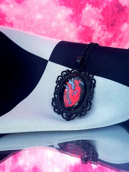 Anatomical Heart Necklace — Gothic Relic Pendant, Red Gold Leaf and Hand Painted Wearable Art, One of a Kind Dark Romance Jewelry