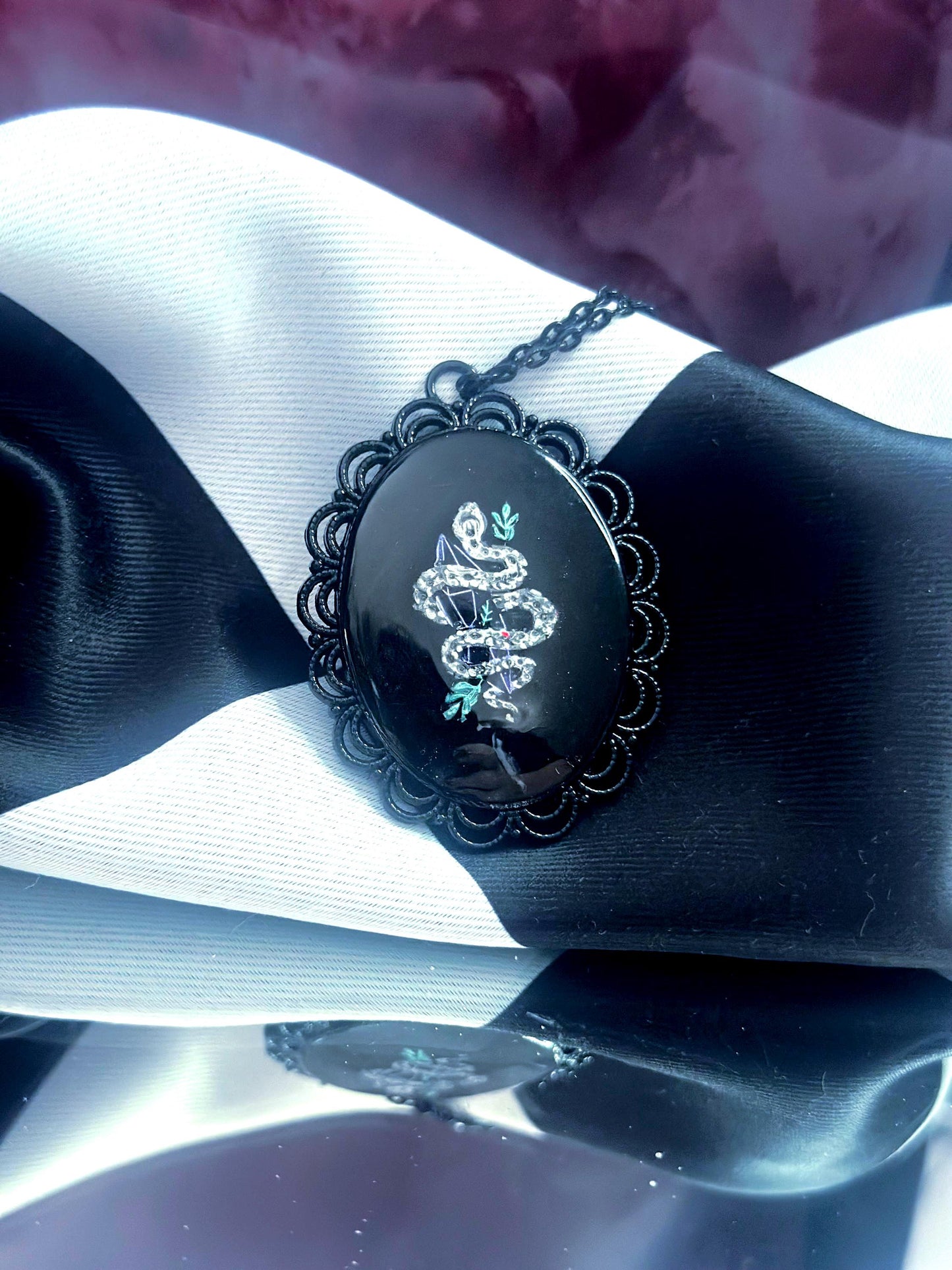 Snake and Crystal Necklace — Gothic Relic Pendant, Hand Painted Wearable Art, One of a Kind Witchy Dark Romance Jewelry