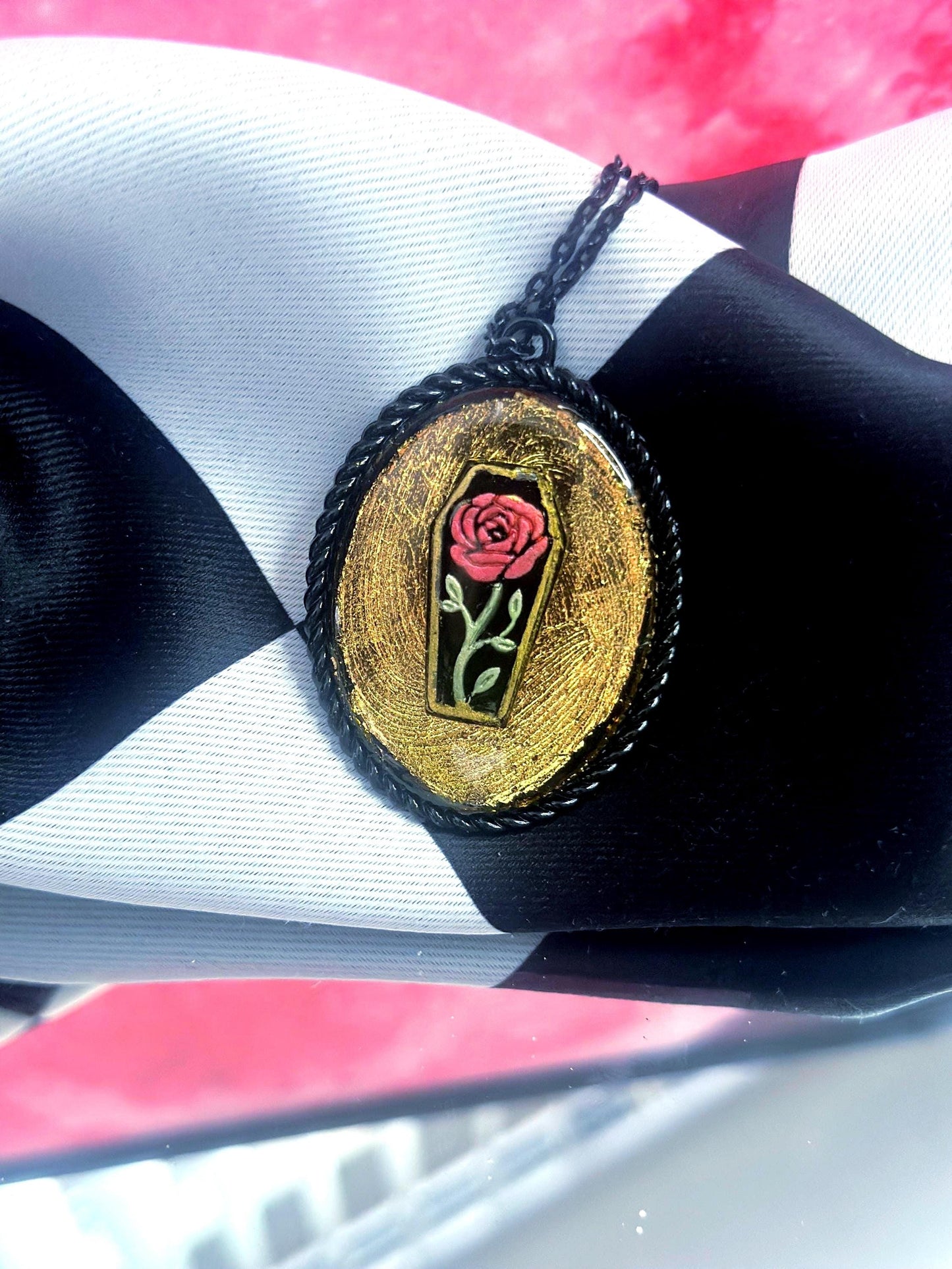 Coffin Rose Necklace — Gothic Relic Pendant, Gold Leaf and Hand Painted Wearable Art, One of a Kind Dark Romance Jewelry