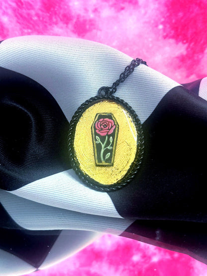 Coffin Rose Necklace — Gothic Relic Pendant, Gold Leaf and Hand Painted Wearable Art, One of a Kind Dark Romance Jewelry