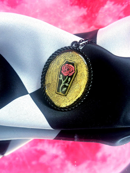 Coffin Rose Necklace — Gothic Relic Pendant, Gold Leaf and Hand Painted Wearable Art, One of a Kind Dark Romance Jewelry