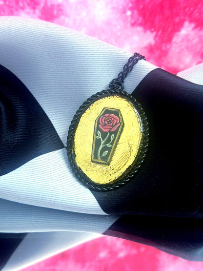 Coffin Rose Necklace — Gothic Relic Pendant, Gold Leaf and Hand Painted Wearable Art, One of a Kind Dark Romance Jewelry