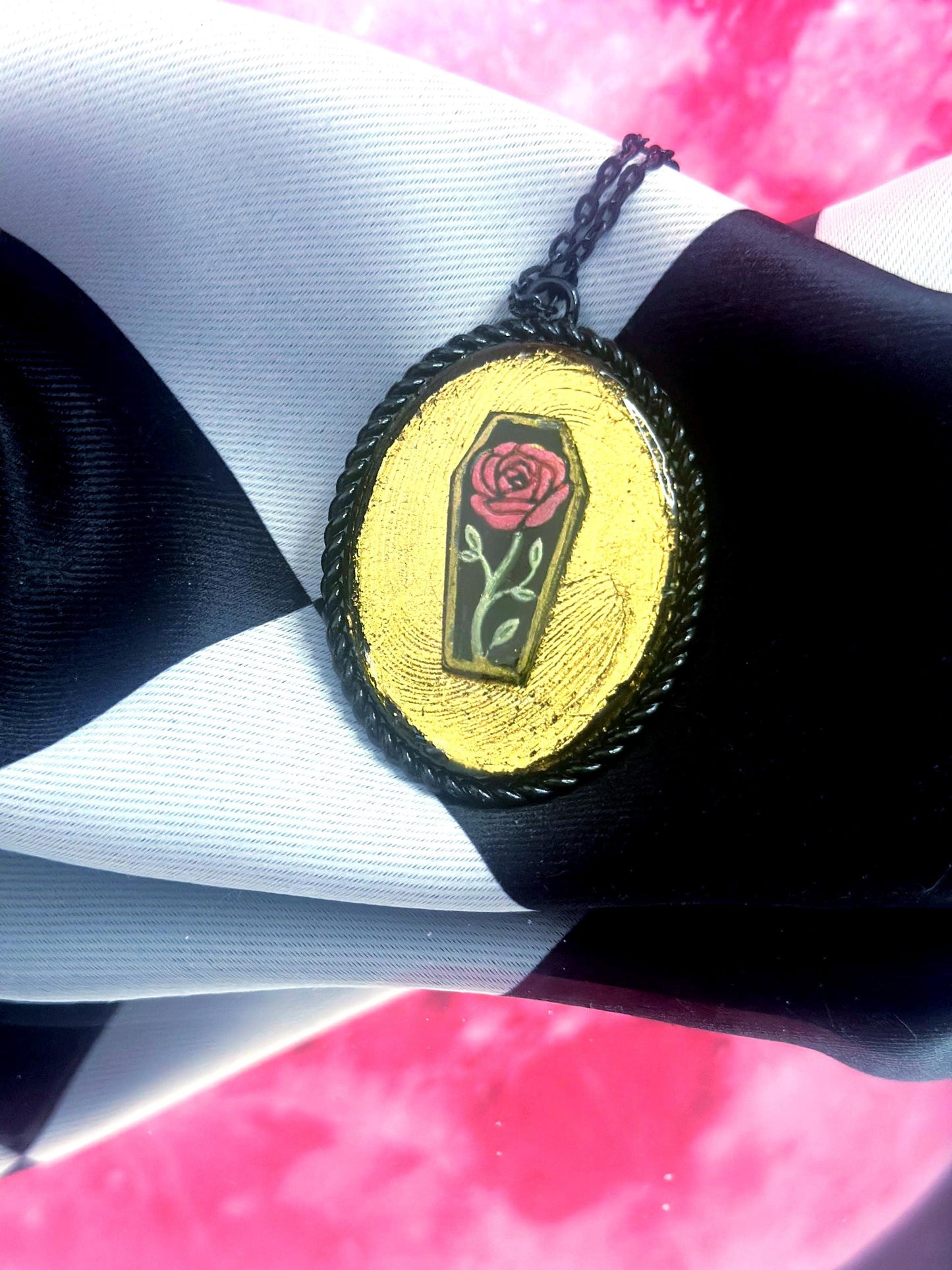 Coffin Rose Necklace — Gothic Relic Pendant, Gold Leaf and Hand Painted Wearable Art, One of a Kind Dark Romance Jewelry
