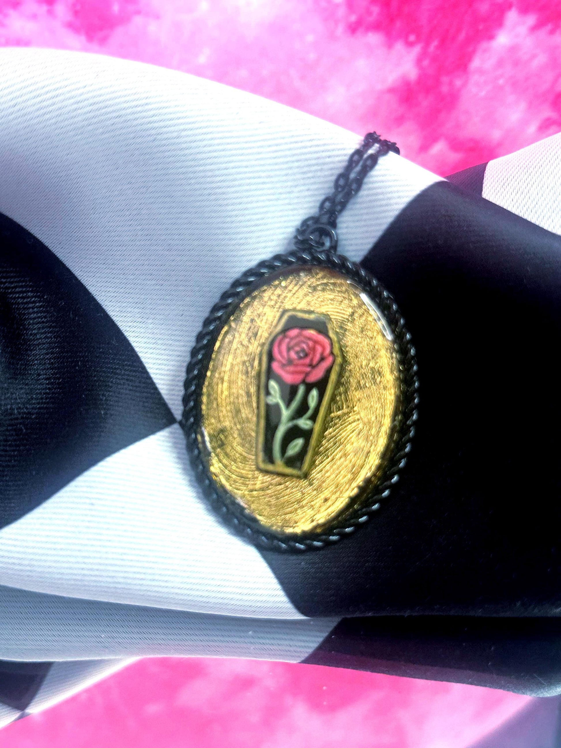 Coffin Rose Necklace — Gothic Relic Pendant, Gold Leaf and Hand Painted Wearable Art, One of a Kind Dark Romance Jewelry
