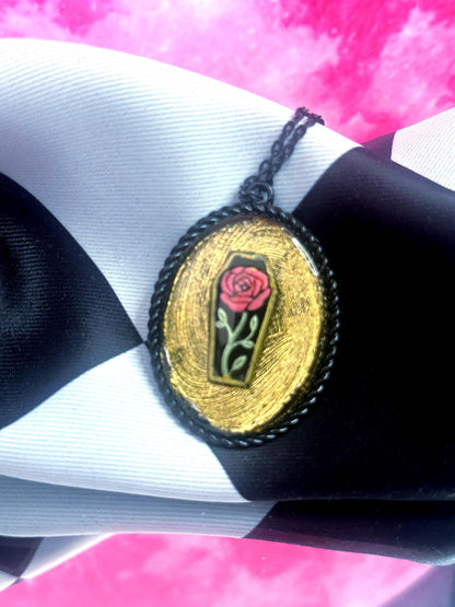 Coffin Rose Necklace — Gothic Relic Pendant, Gold Leaf and Hand Painted Wearable Art, One of a Kind Dark Romance Jewelry